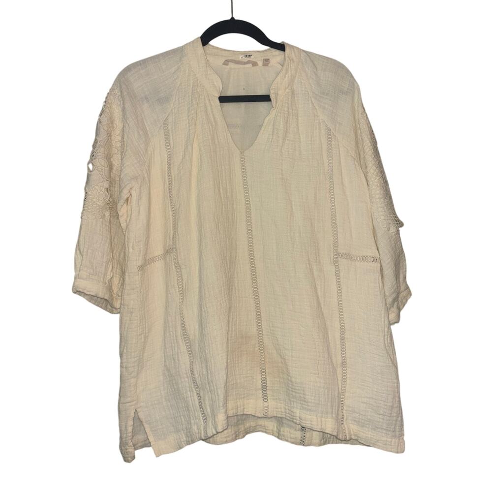 Soft Surroundings Peasant Blouse Top L Crotchet Sleeve Detail Gauze Lined Boho